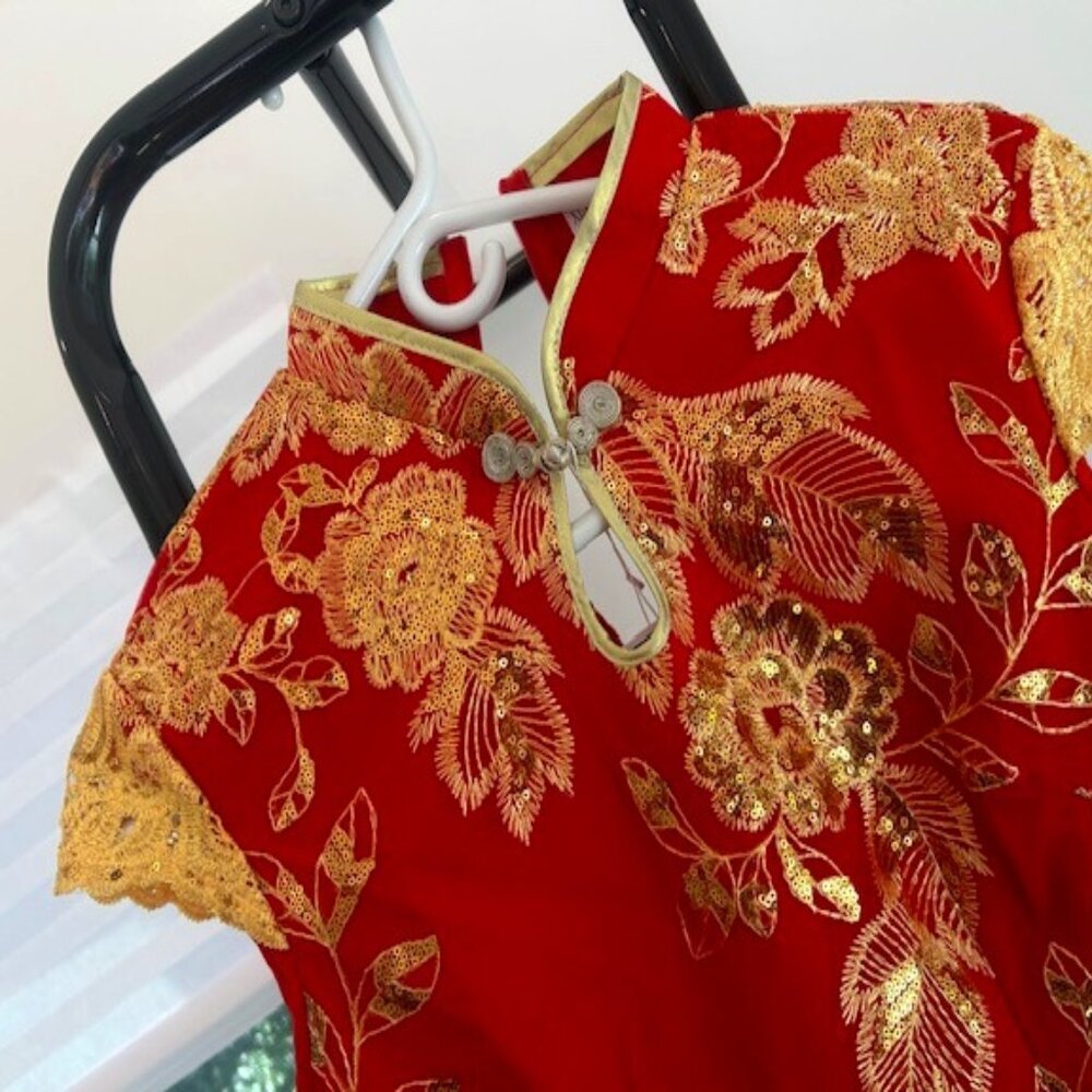 NWT Red Gold Floral Lace Side Slit Chinese Wedding Dress Qipao Cheongsam M L